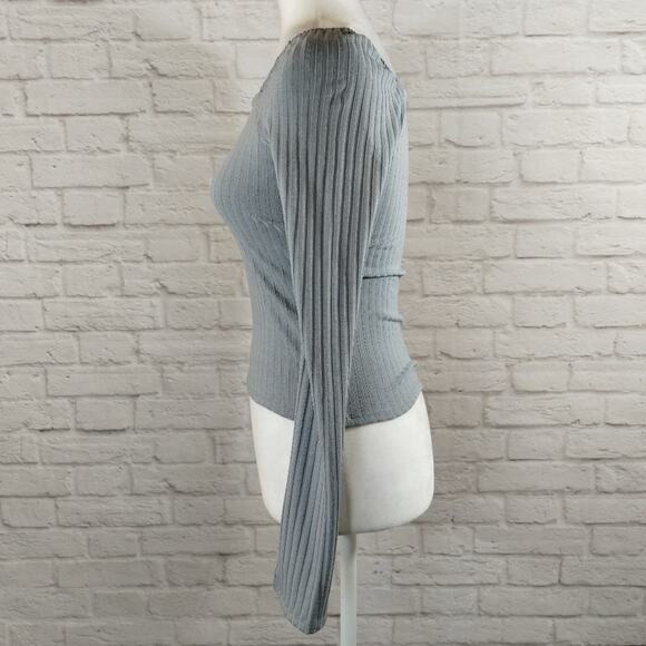 E Madewell Light Craft Blue Ribbed Square Neck Crop Long Sleeve Tee Shirt NWT XS - Picture 3 of 12